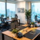 What Does a Serviced Office Agreement Include_ ‣ Sentinel Dubai Furnished serviced office with desks, ergonomic chairs and floor-to-ceiling windows overlooking Dubai’s skyline.